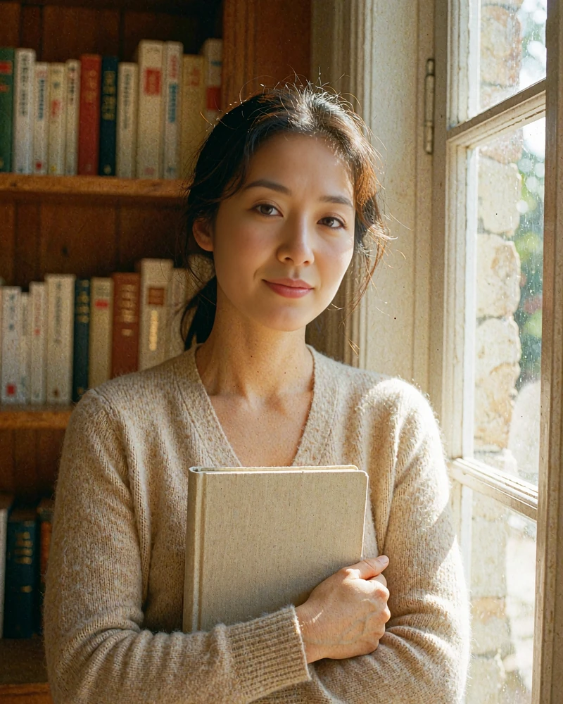 Korean woman in a beige cardigan holding a notebook beside a bookstore window