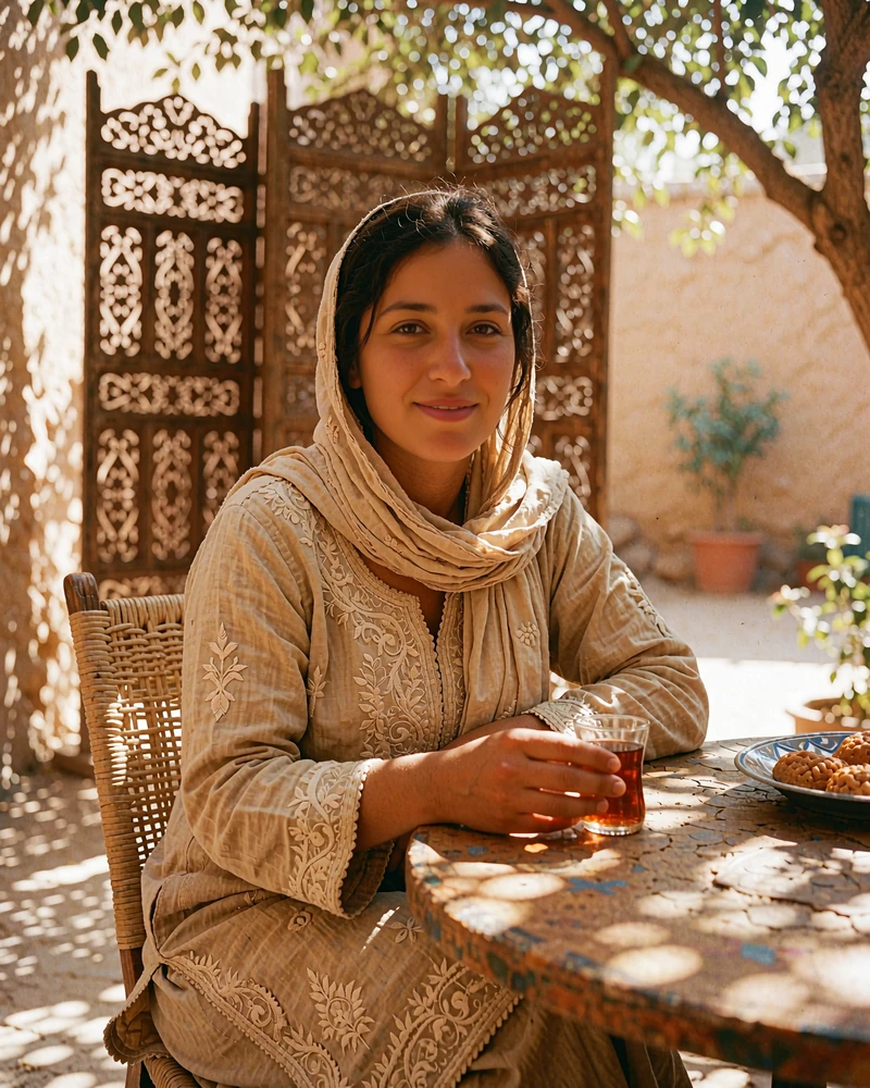 Afghan woman in an embroidered sand-colored tunic seated with tea in a shaded courtyard