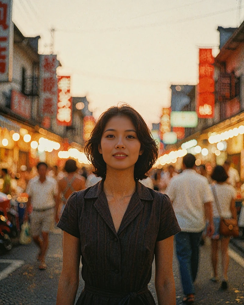 Taiwanese woman in a dark dress smiling in warm evening street light