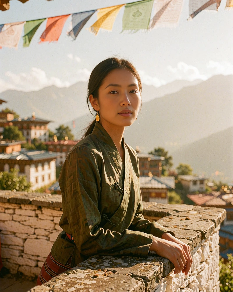 Bhutanese woman in a deep olive blouse on a mountain town stone terrace