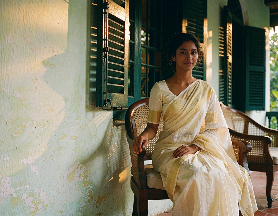Sri Lankan woman in a cream saree seated on a shaded colonial veranda