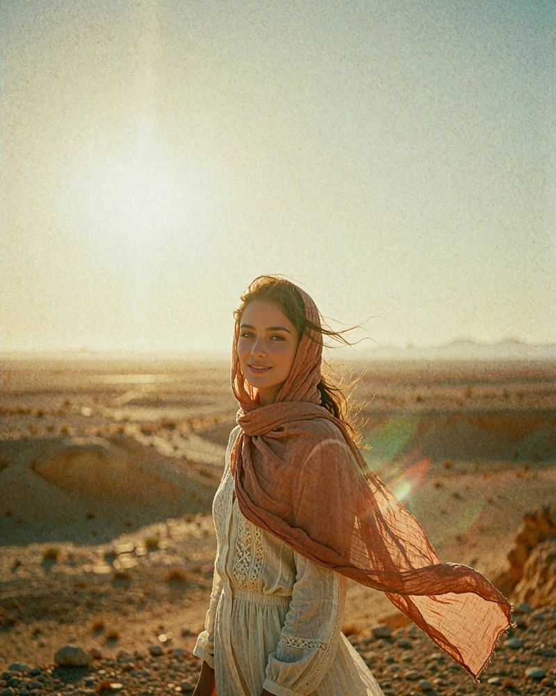Jordanian woman in a terracotta scarf standing in golden desert light