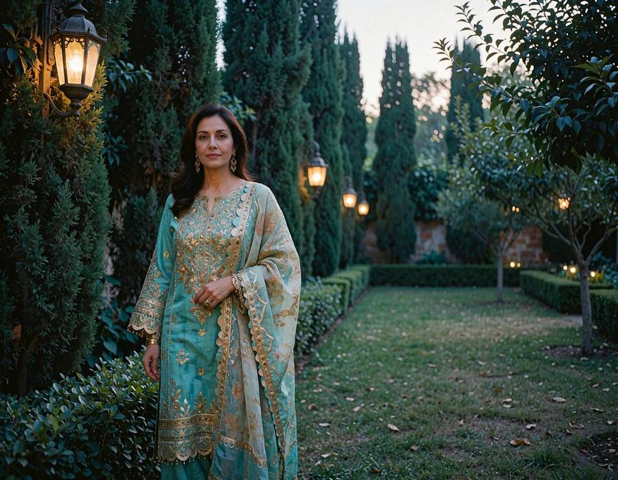 Poised Pakistani woman in an embroidered teal outfit standing in a formal garden