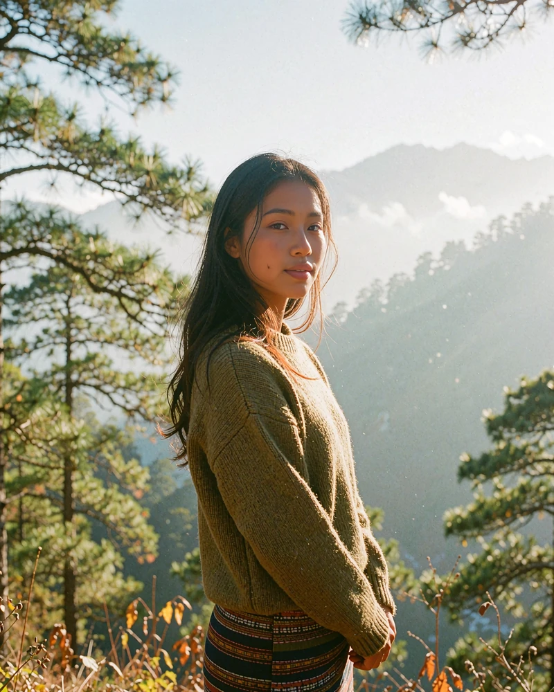 Bhutanese woman in an olive sweater standing in a high pine valley