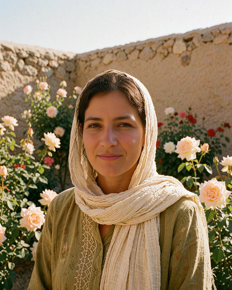 Afghan woman in a cream headscarf and olive tunic in a sunlit walled garden