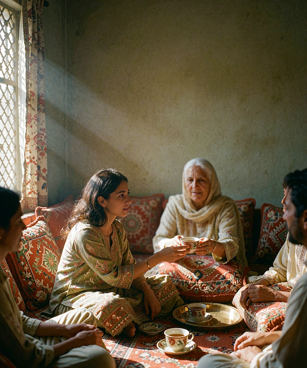 Pakistani woman sharing tea with an older relative during a warm family gathering