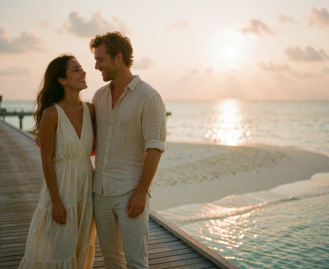 Maldivian woman and Western man laughing together on a sunset wooden jetty