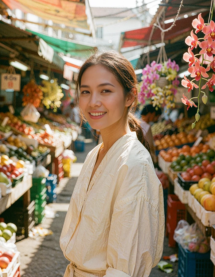 Thai woman in a cream blouse standing in a sunlit covered market lane
