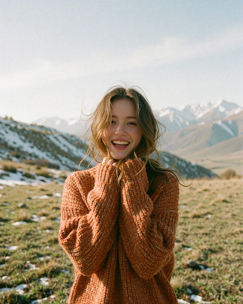 Kyrgyz woman in a burnt-orange wool sweater standing in an alpine meadow