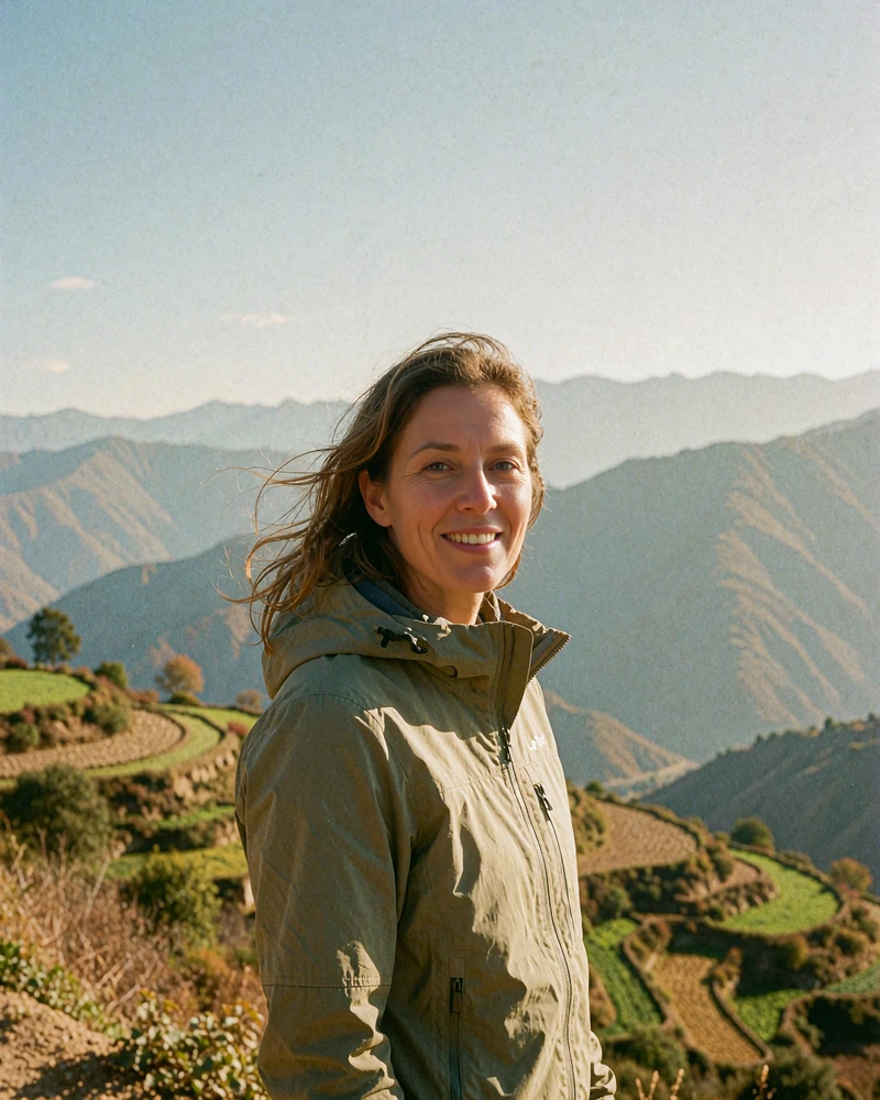 Nepali woman in an olive hiking jacket at a Himalayan hillside viewpoint