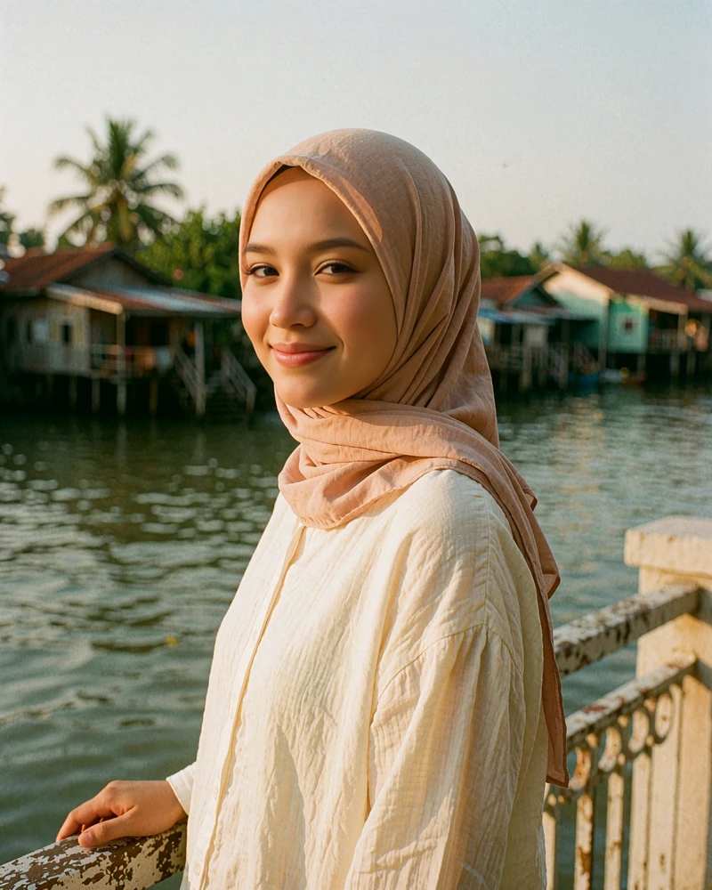 Bruneian Malay woman in a blush headscarf at a riverside promenade in late afternoon