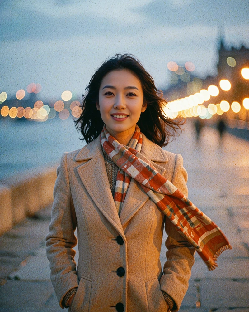 Chinese woman in a camel coat smiling on an evening riverside walkway with amber city lights