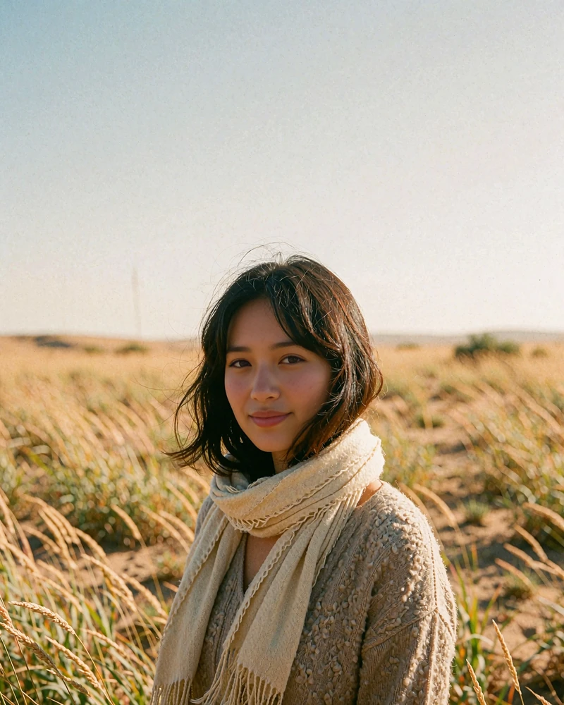 Kazakh woman wearing a soft wool scarf near golden steppe grass at sunset