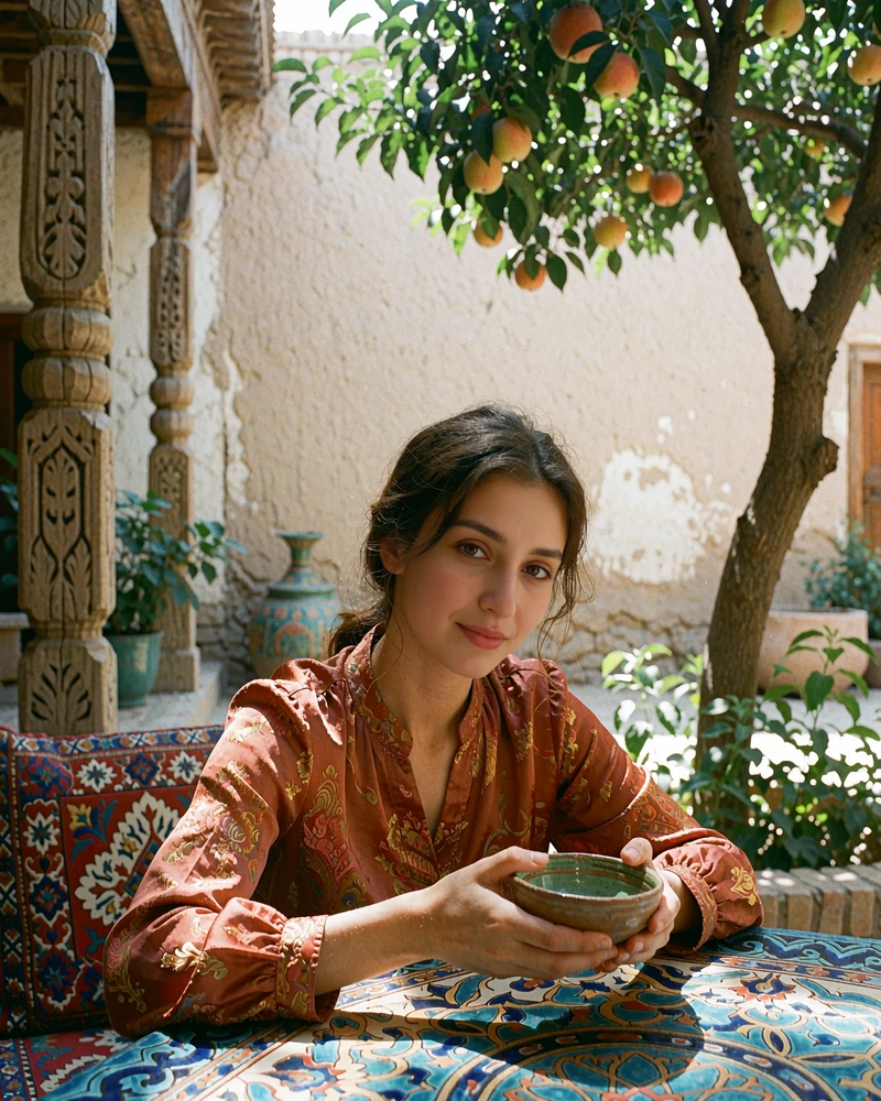 Uzbek woman in a rust silk blouse holding a ceramic tea bowl in a shaded courtyard