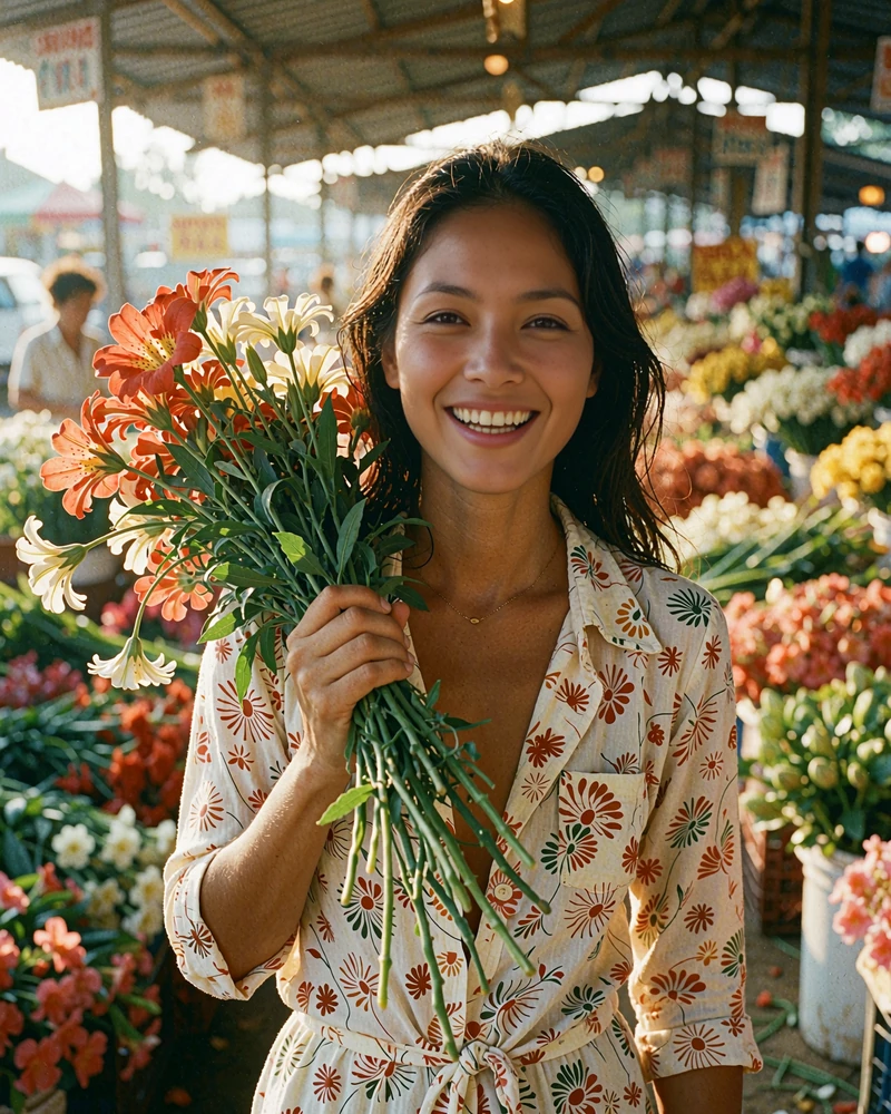 Vietnamese woman holding long-stemmed flowers in a softly blurred open-air market