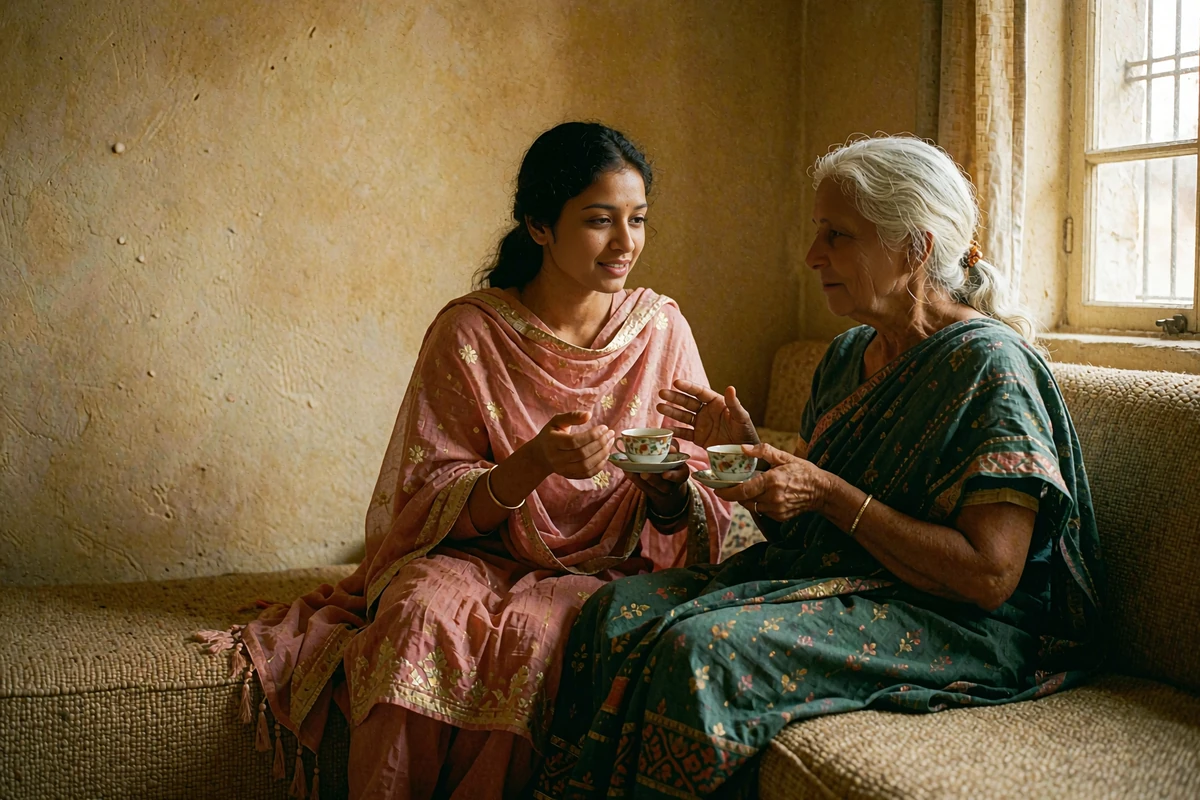Young South Asian woman talking warmly with her grandmother over tea at home
