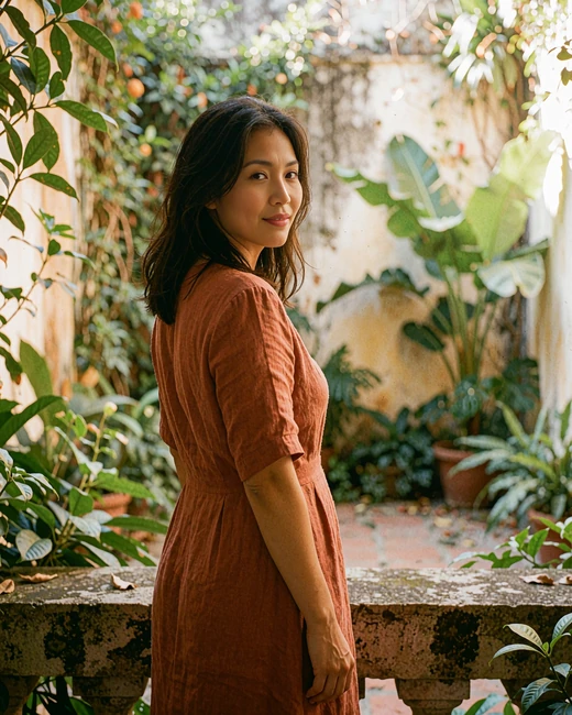 Vietnamese woman in a rust linen dress on a tropical terrace