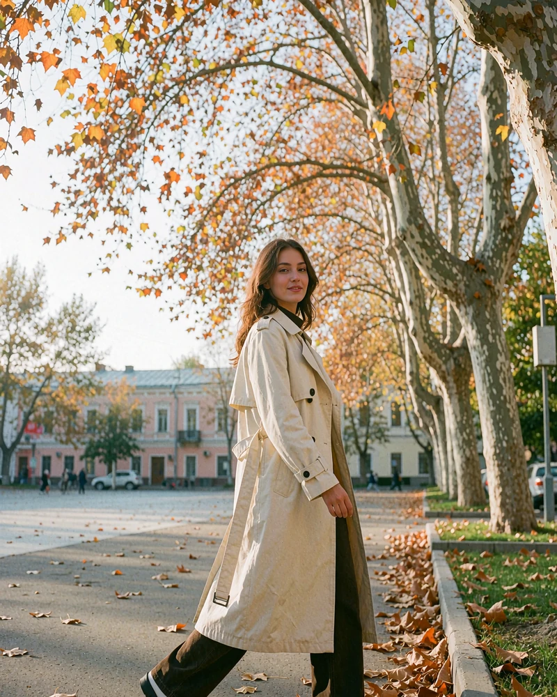 Uzbek woman in a cream trench coat walking on an autumn city boulevard