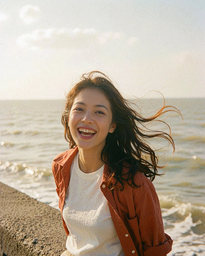 Taiwanese woman in a rust overshirt laughing beside an ocean seawall