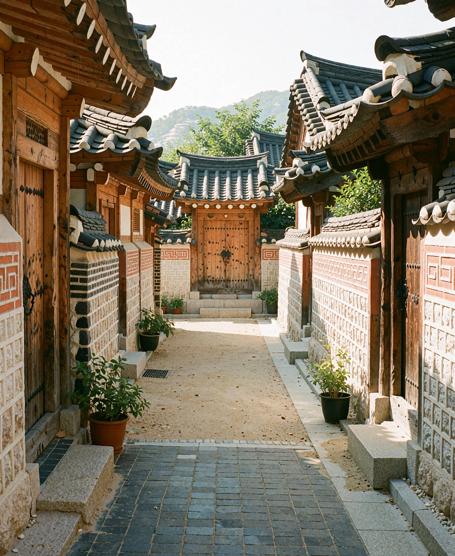Quiet Korean hanok alley with tiled roofs, stone walls and a sunlit wooden gate