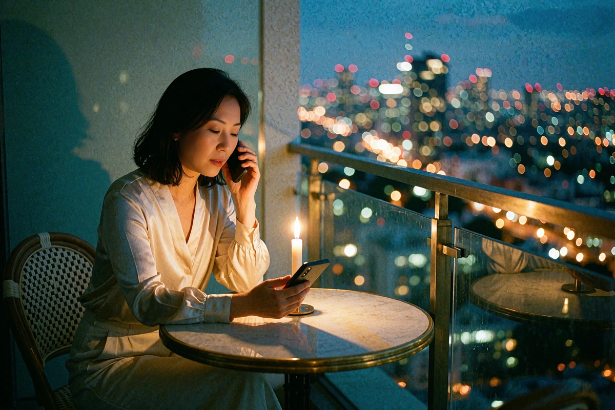 Asian woman listening thoughtfully to a phone call on an apartment balcony at dusk
