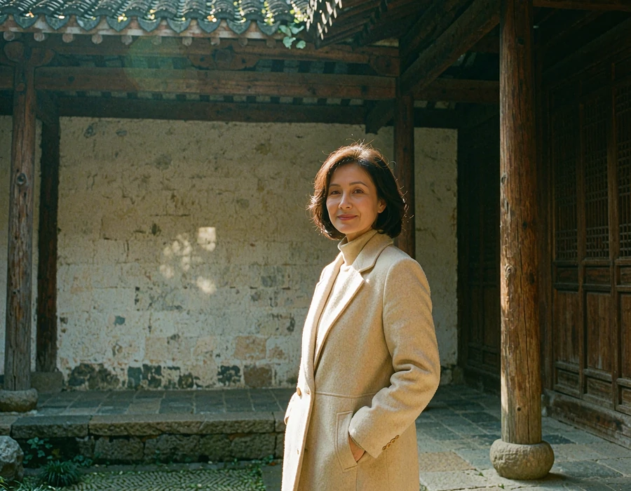 Elegant Chinese woman in an ivory coat standing in a quiet traditional courtyard