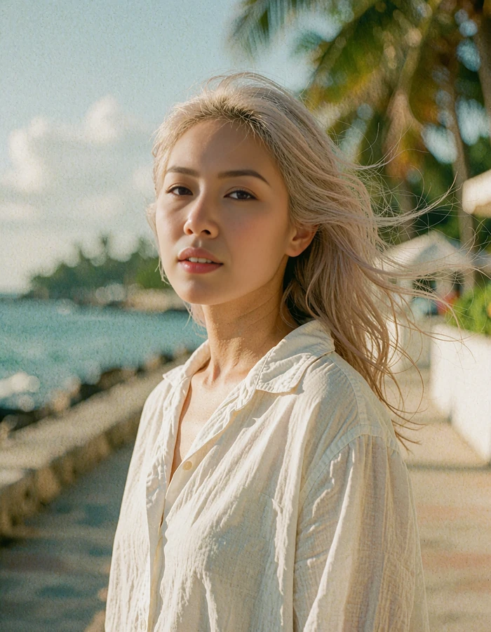 Filipina woman in a white cotton shirt on a shaded coastal promenade