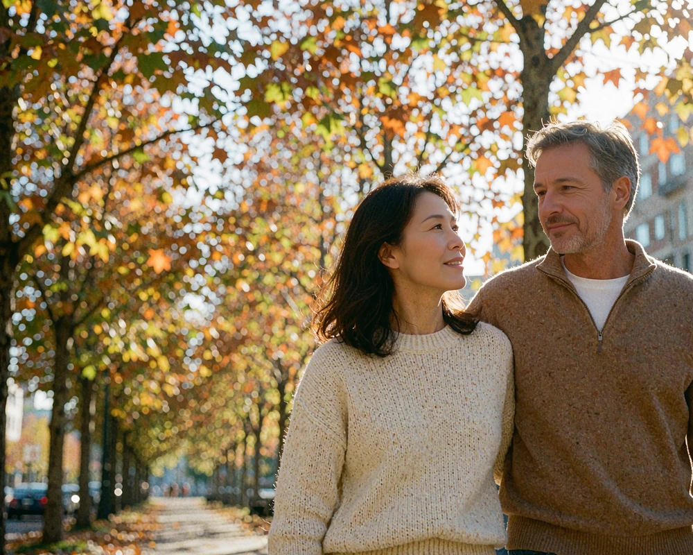 Korean woman and Western man walking close together on an autumn city path