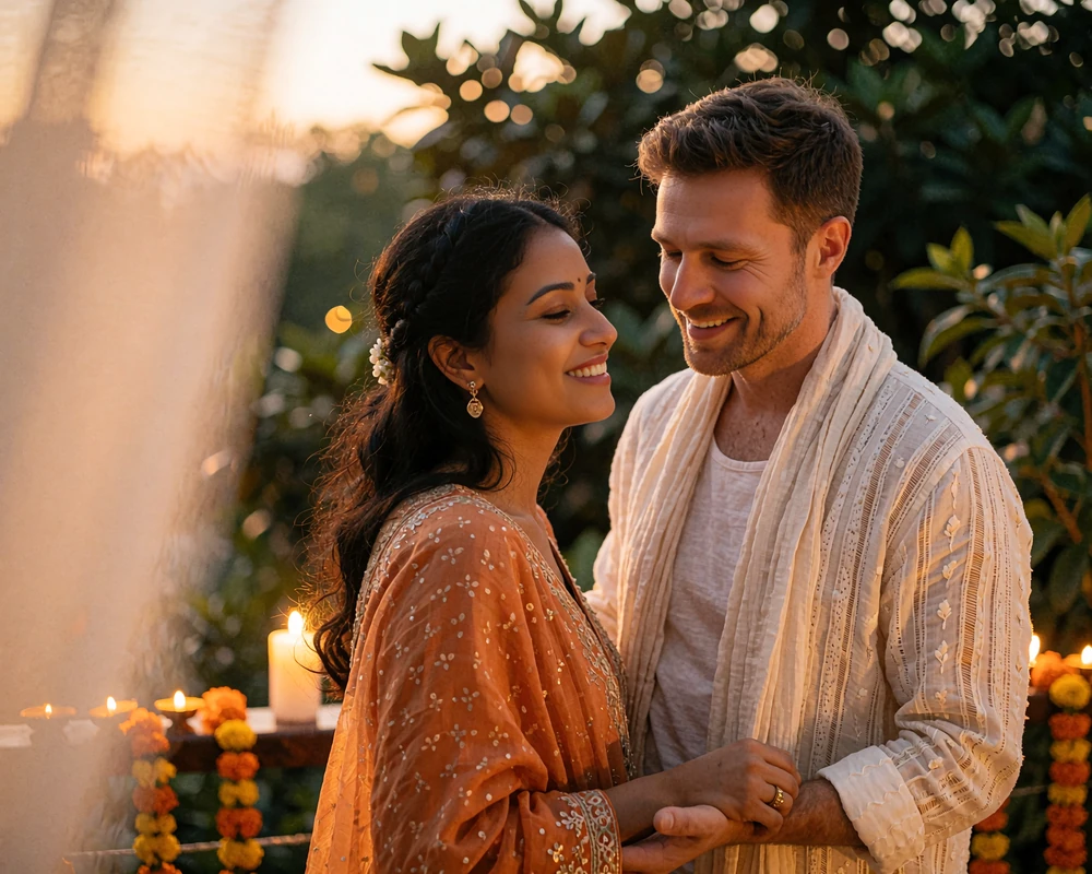 Indian woman and Western man smiling together on a candle-lit garden terrace