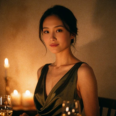 Chinese woman in an olive evening dress at a candlelit restaurant