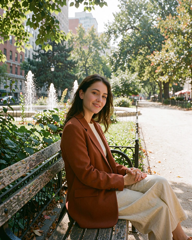 Modern Tajik woman in a rust blazer seated in a leafy city garden