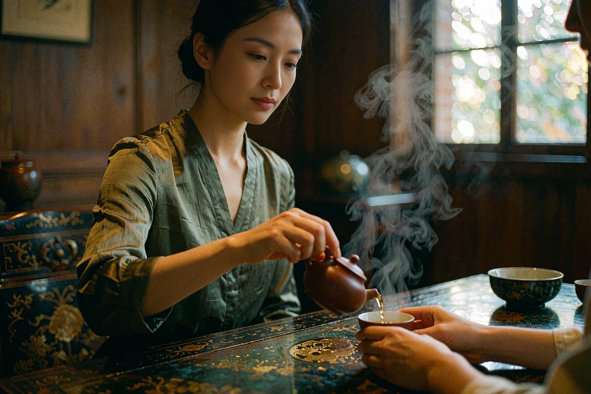 East Asian woman pouring tea for a companion in a quiet wood-paneled teahouse