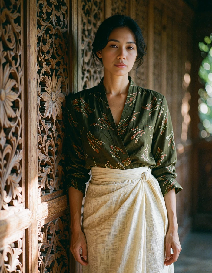 Indonesian woman in a deep olive blouse beside a carved wooden screen