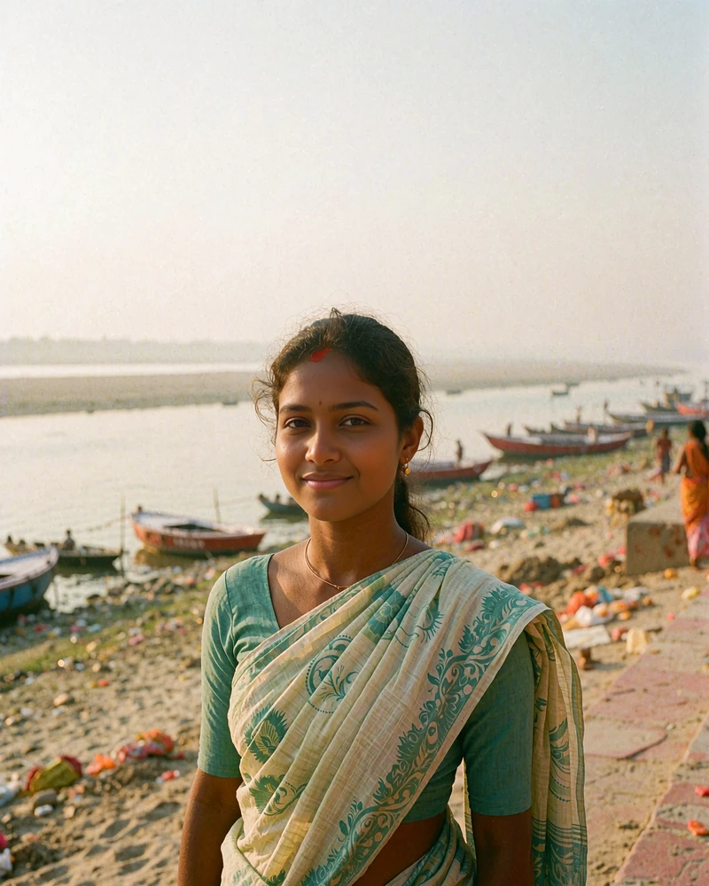 Bangladeshi woman in a teal and cream saree beside a misty river in morning light