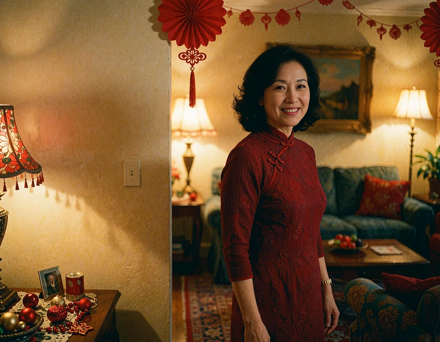 Chinese woman in a crimson dress in a warmly lit home decorated for a New Year gathering