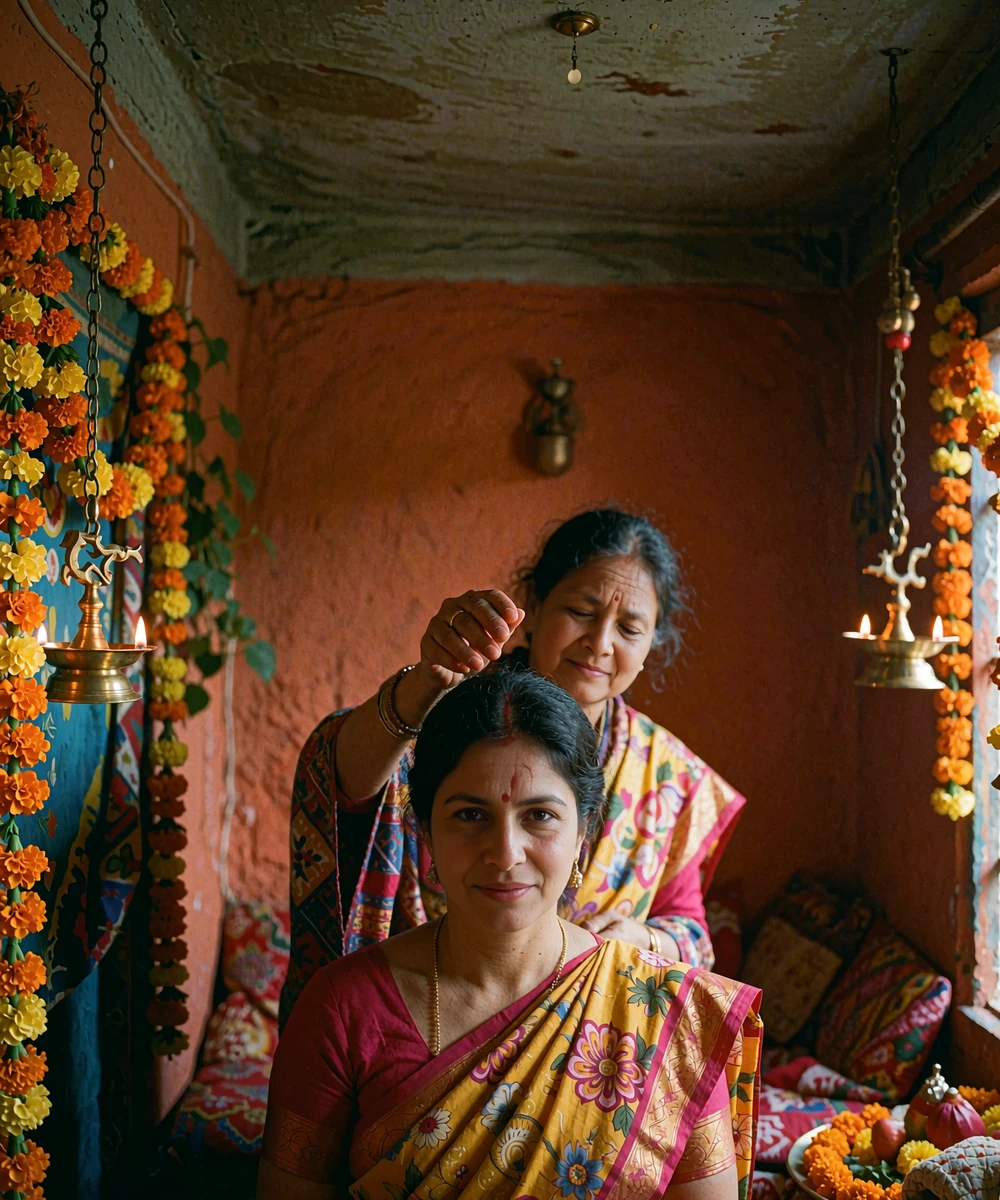 Nepali woman receiving a blessing during a family festival at home