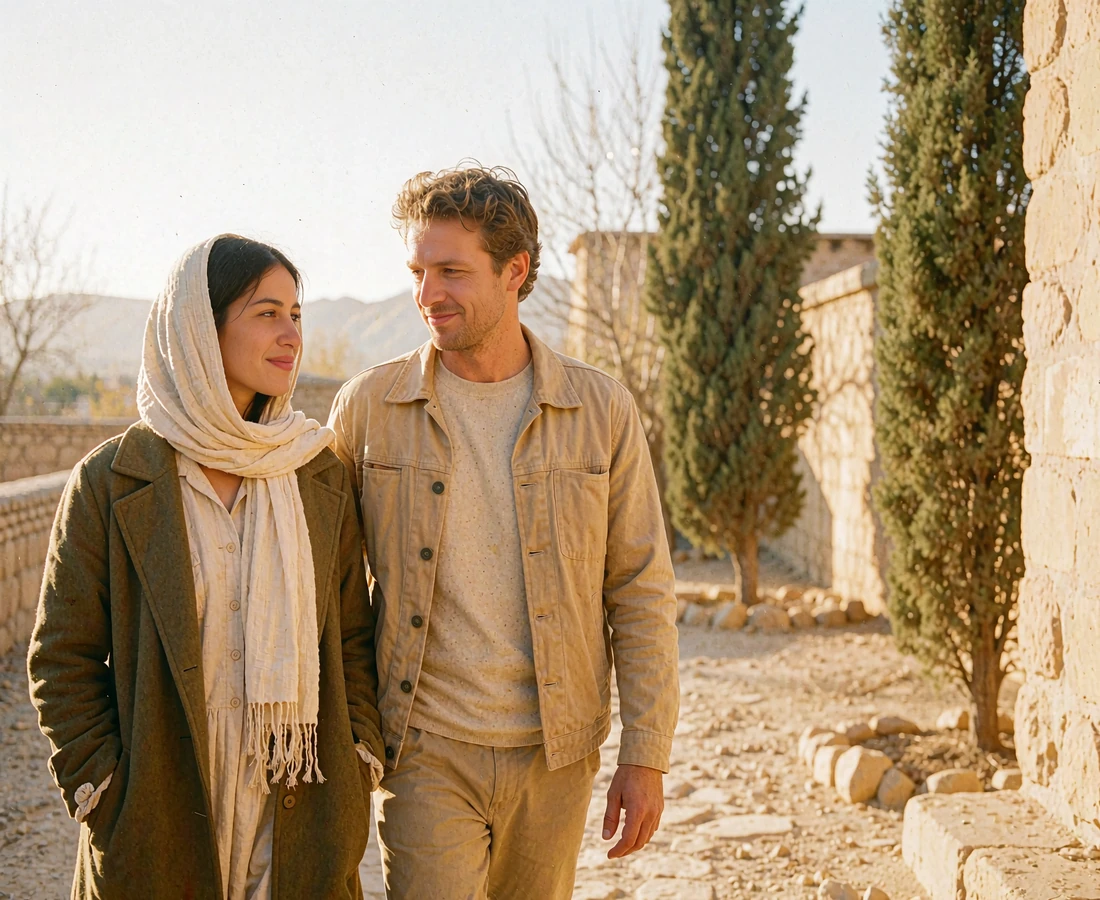 Afghan woman and Western man walking side by side on a shaded garden path