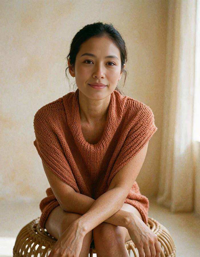 Indonesian woman in a terracotta knit top seated in a minimalist cream studio