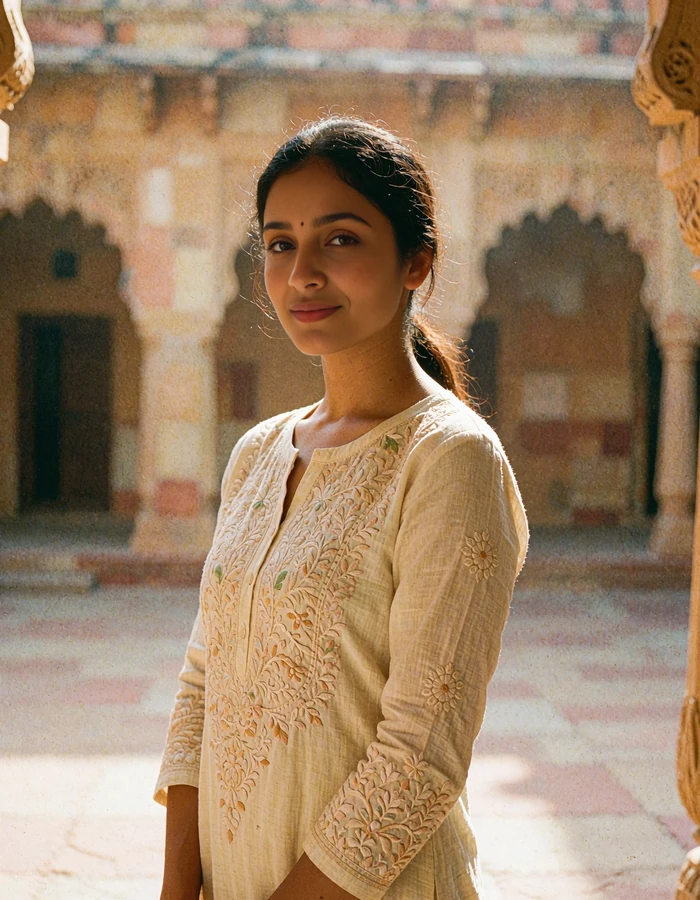 Indian woman in a cream embroidered kurta standing in a sunlit sandstone courtyard