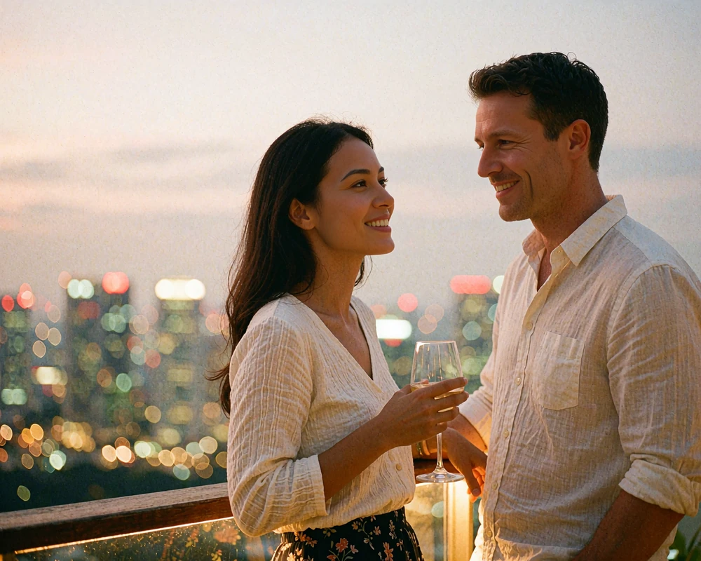 Singaporean woman and Western man smiling toward each other at a rooftop lounge in the evening