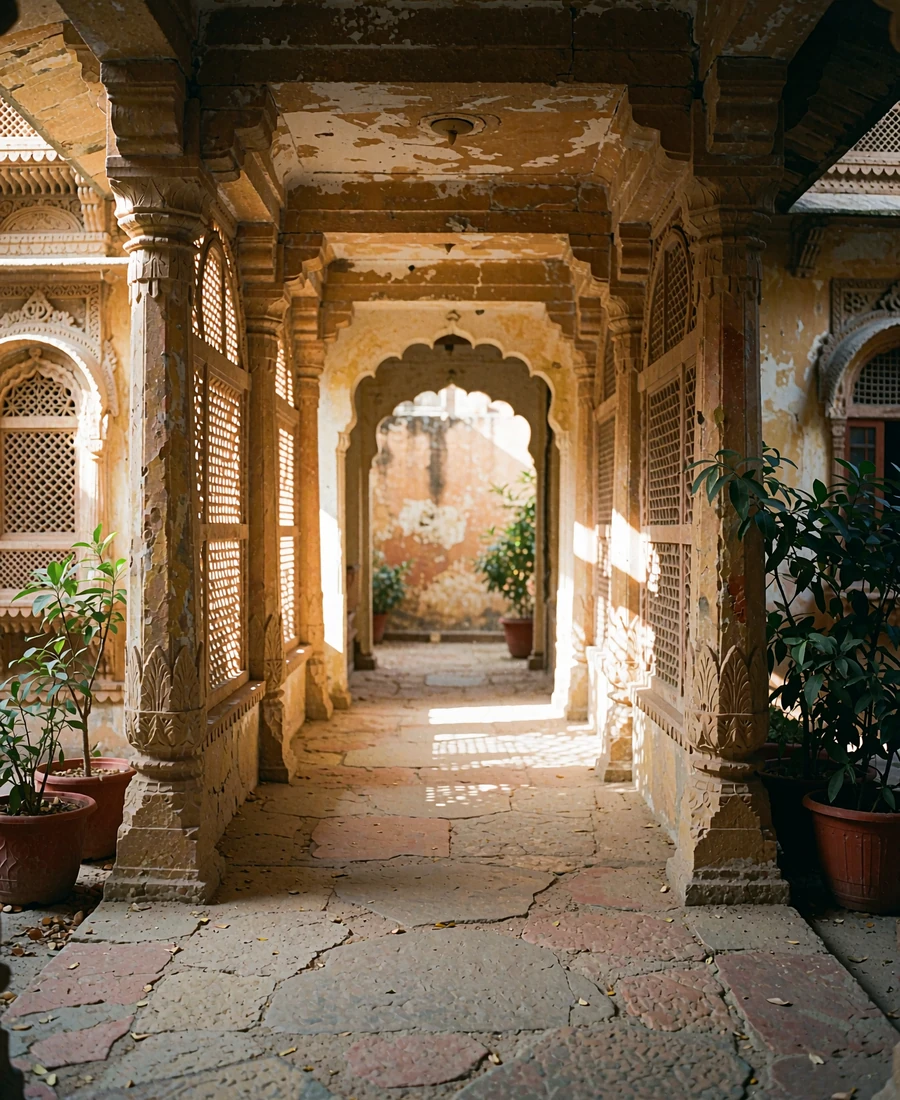 Quiet Rajasthan heritage courtyard with carved sandstone columns and a sunlit central archway