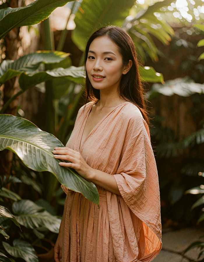 Thai woman in a pale terracotta dress standing in a tropical courtyard garden