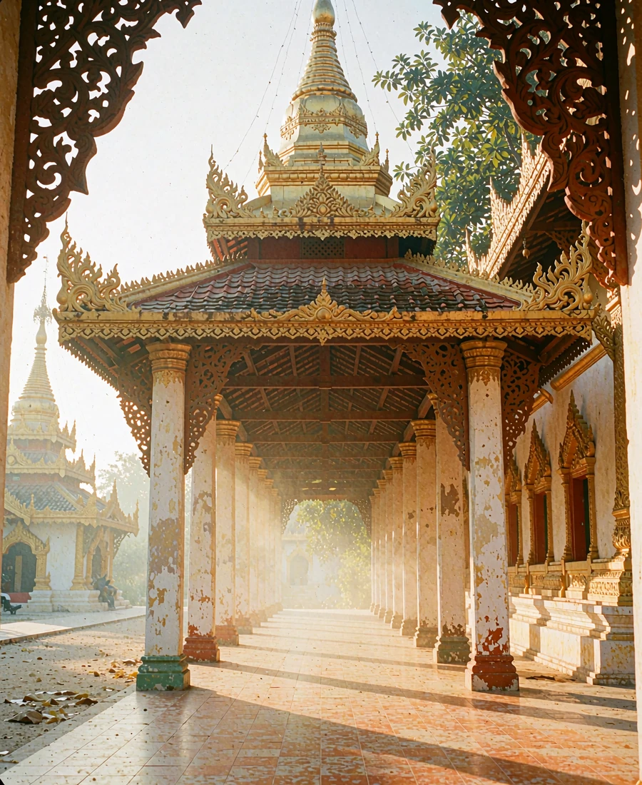 Covered teak walkway leading toward a gilded Burmese pagoda in Myanmar