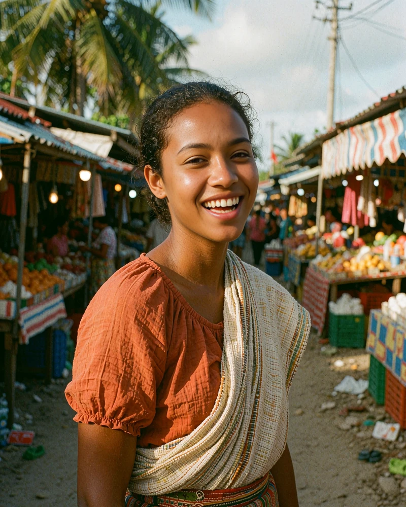 Timorese woman in a burnt-orange blouse standing beside a coastal market lane
