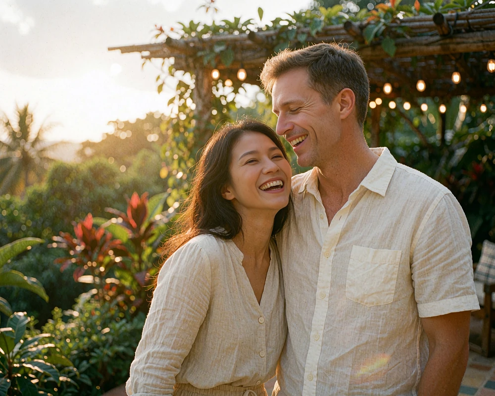 Filipina woman and Western man laughing together on a tropical garden terrace at golden hour