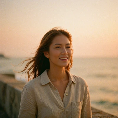 Thai woman in a linen shirt on a coastal walkway at sunset