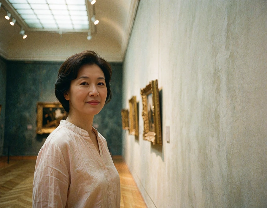 Korean woman in a soft blush blouse standing in a quiet gallery corridor