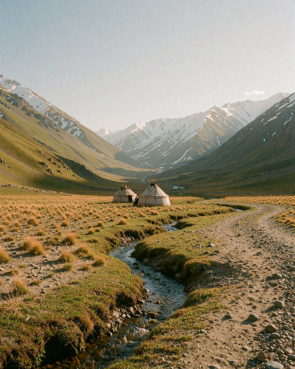 Traditional felt tents in a broad Kyrgyz highland valley beneath distant mountain ridges