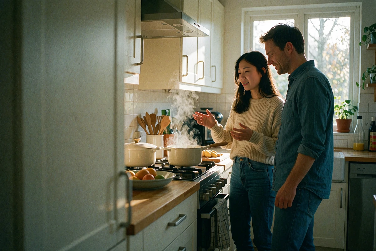 Asian woman and Western man preparing food together while sharing a warm kitchen conversation