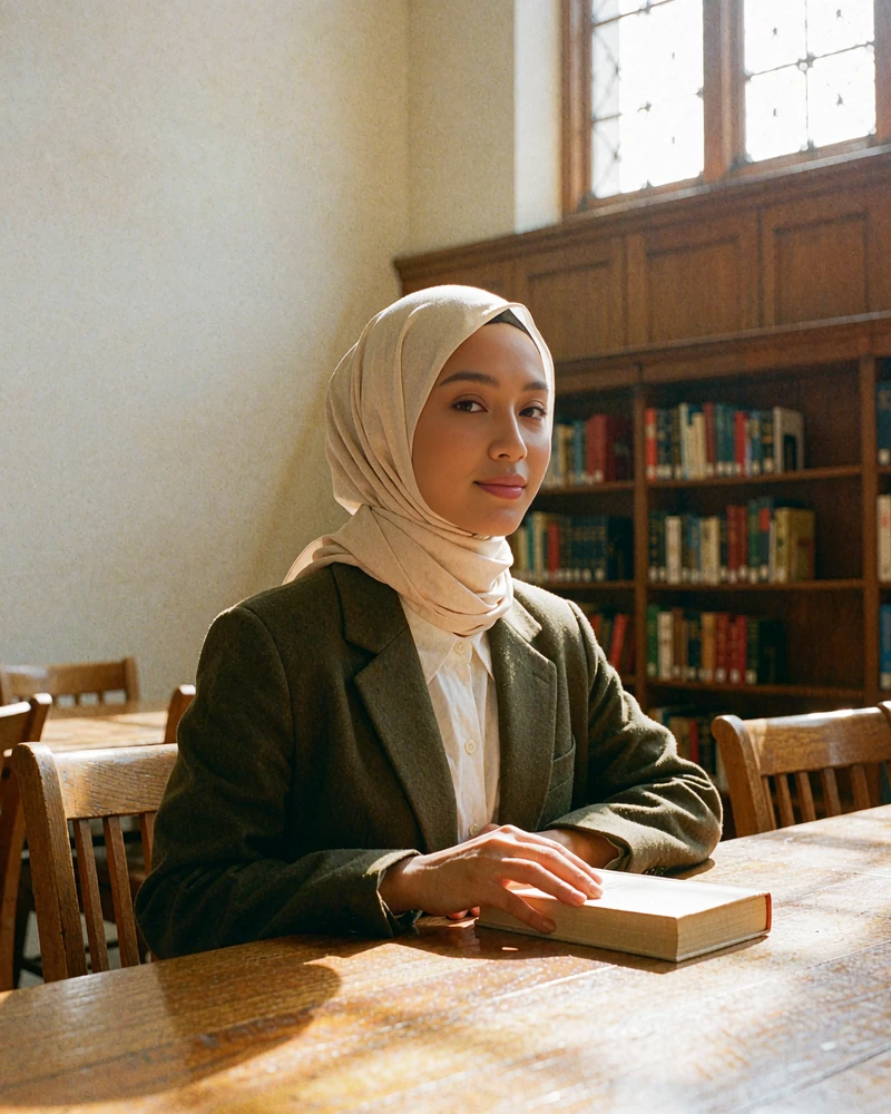 Bruneian woman in a cream headscarf reading at a broad wooden table in a library